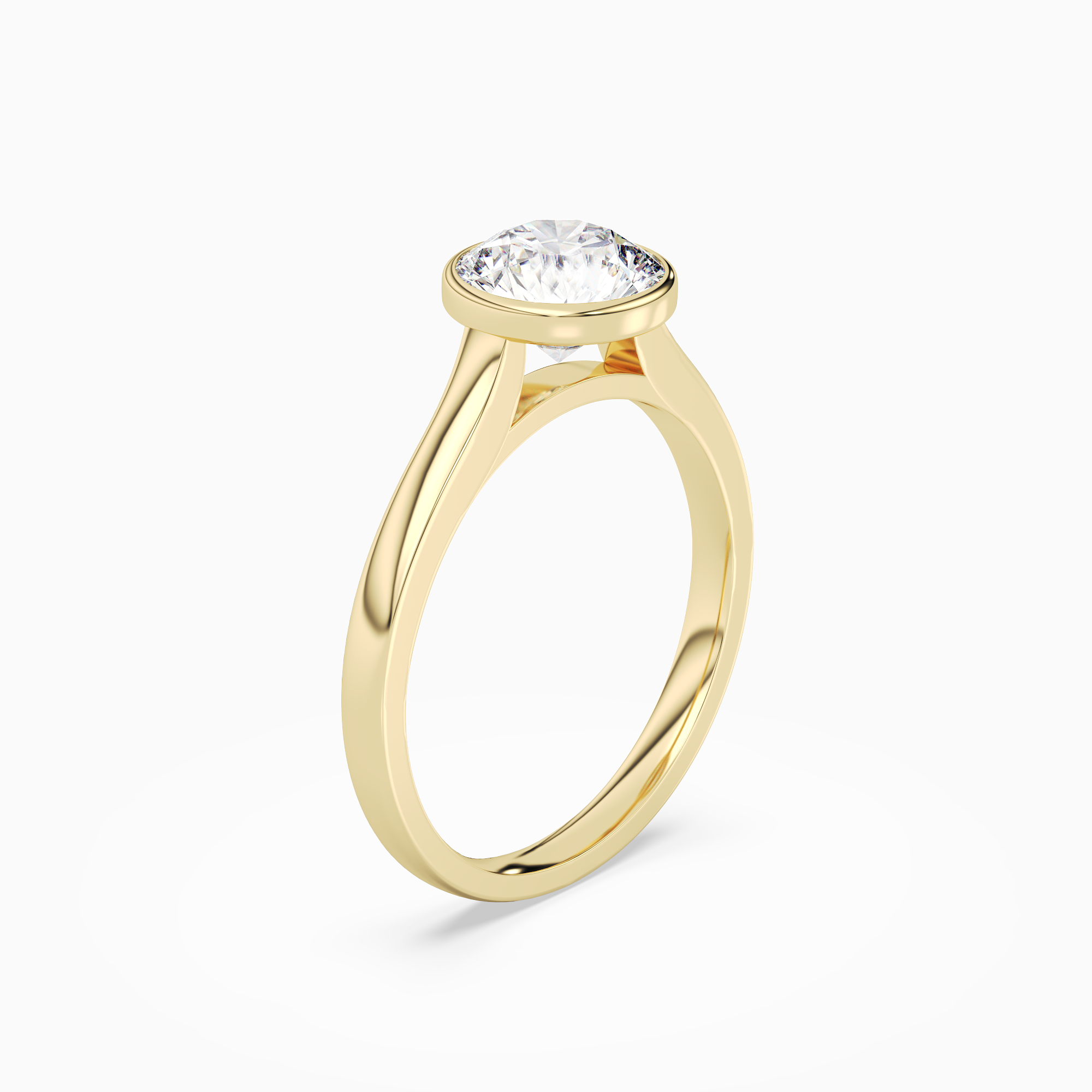Round Medium Tapered Bezel Solitaire in 18K Yellow Gold angled