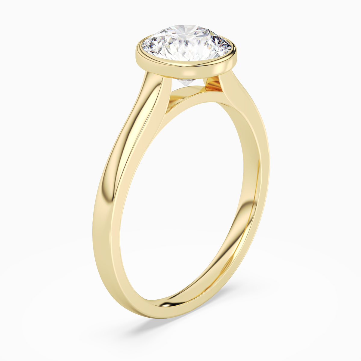 Round Medium Tapered Bezel Solitaire in 18K Yellow Gold angled