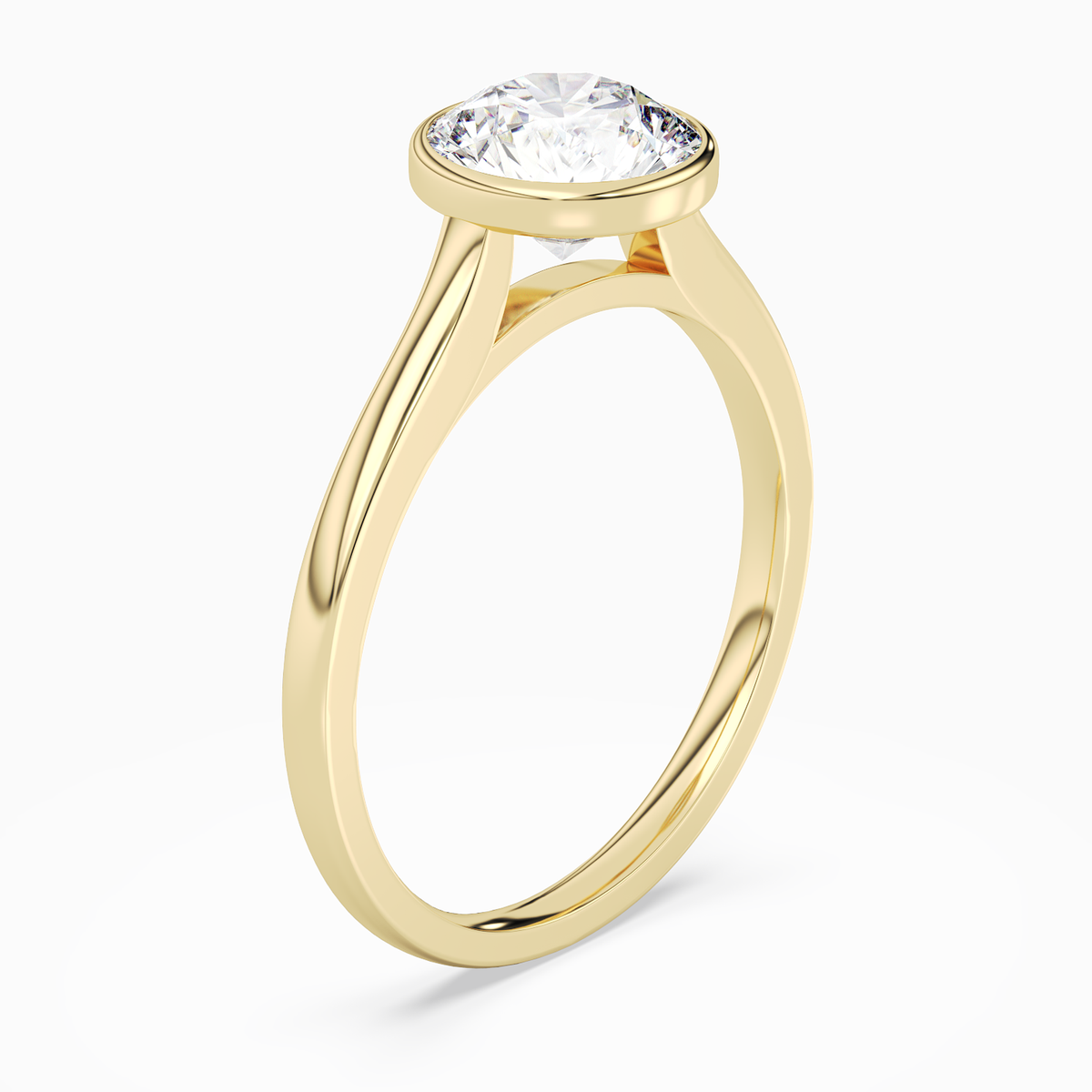 Round Slim Tapered Bezel Solitaire in 18K Yellow Gold angled