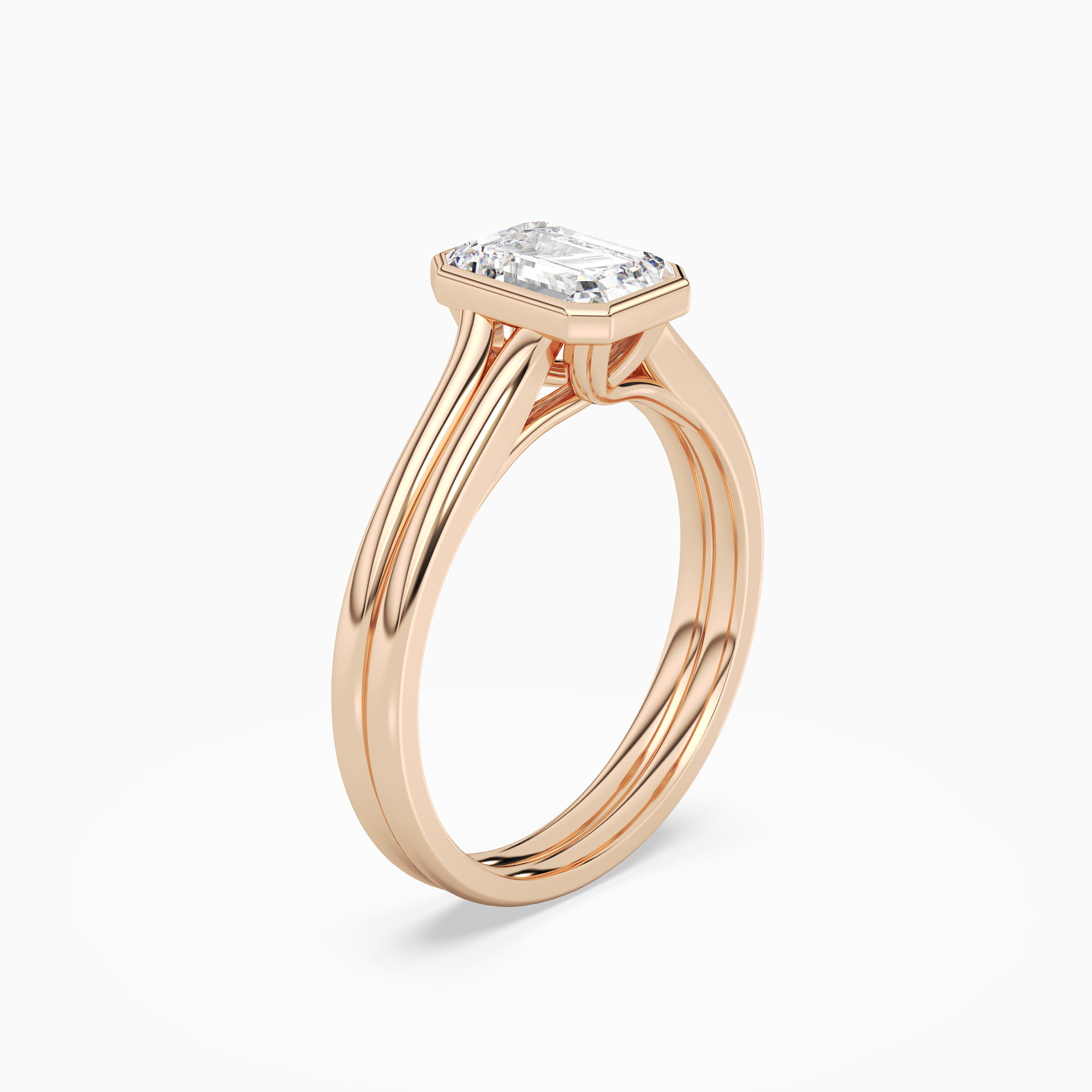 Emerald Stacked Band Bezel Solitaire in 14K Rose Gold angled