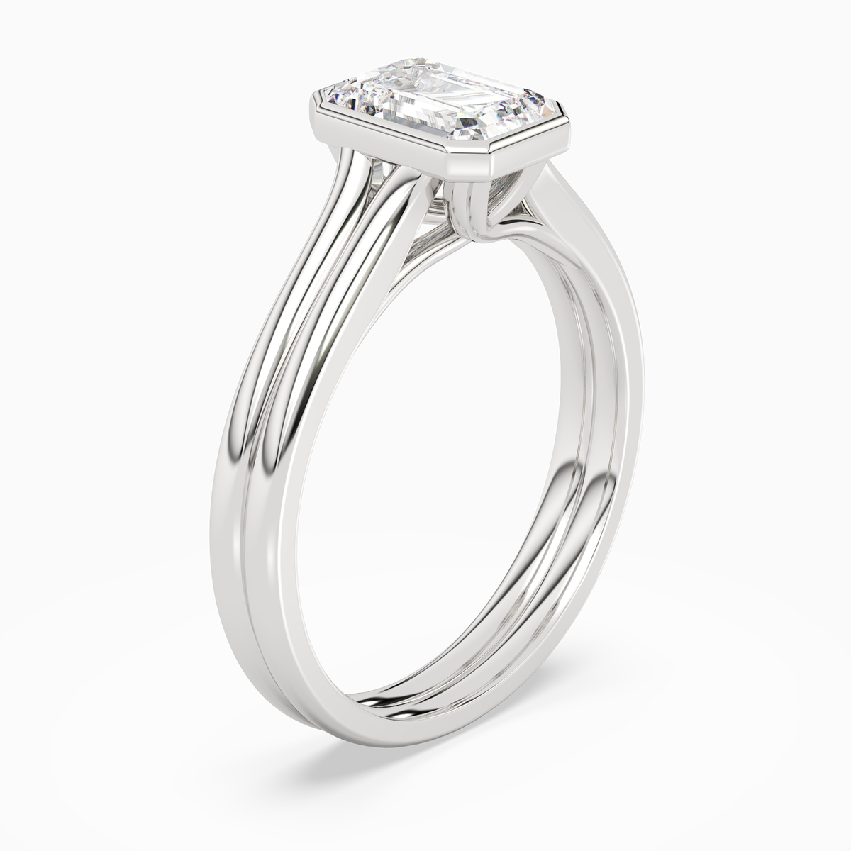 Emerald Stacked Band Bezel Solitaire in 14K White Gold angled