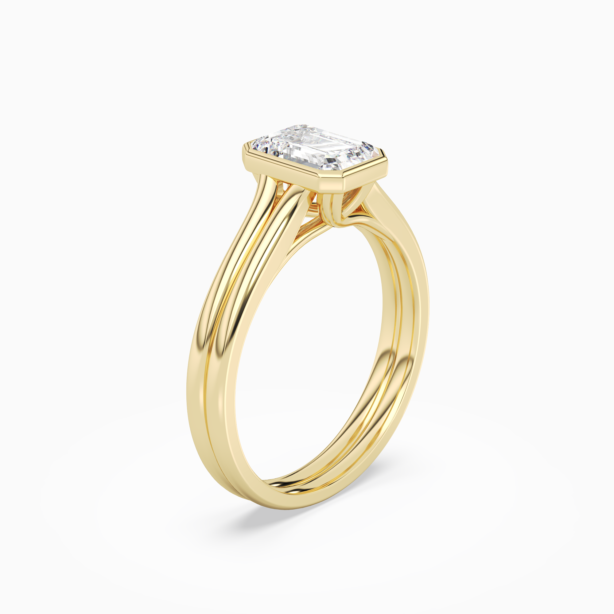 Emerald Stacked Band Bezel Solitaire in 14K Yellow Gold angled