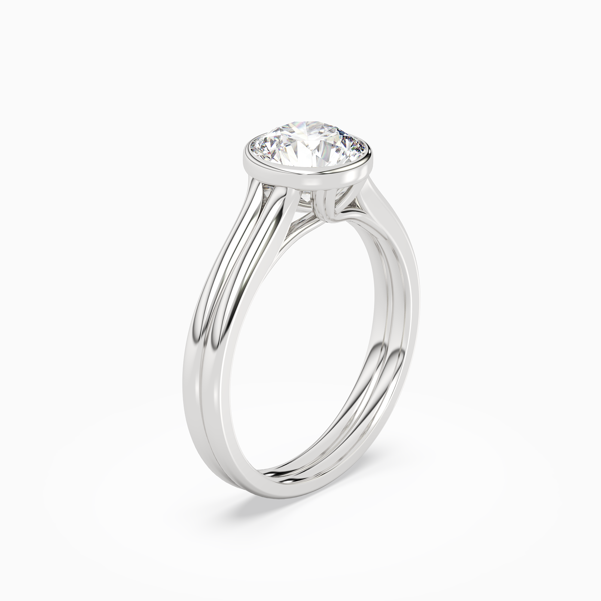 Round Stacked Band Bezel Solitaire in 14K White Gold angled