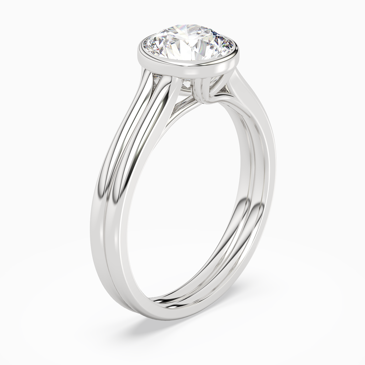 Round Stacked Band Bezel Solitaire in 14K White Gold angled