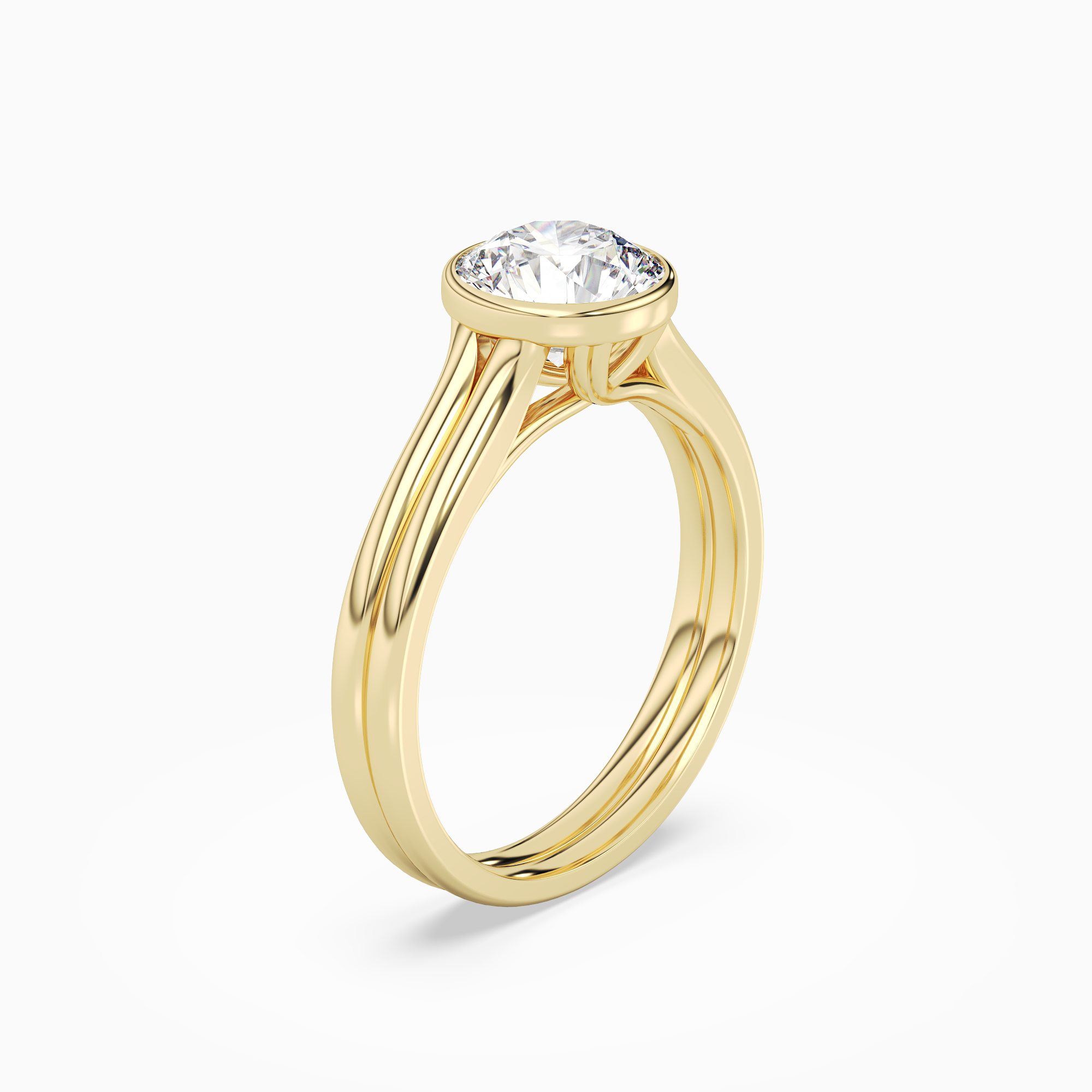 Round Stacked Band Bezel Solitaire in 18K Yellow Gold angled