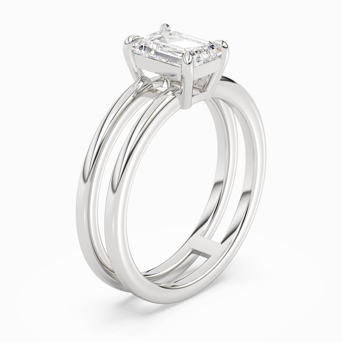 Emerald Open Double Shank Solitaire in 14K White Gold angled