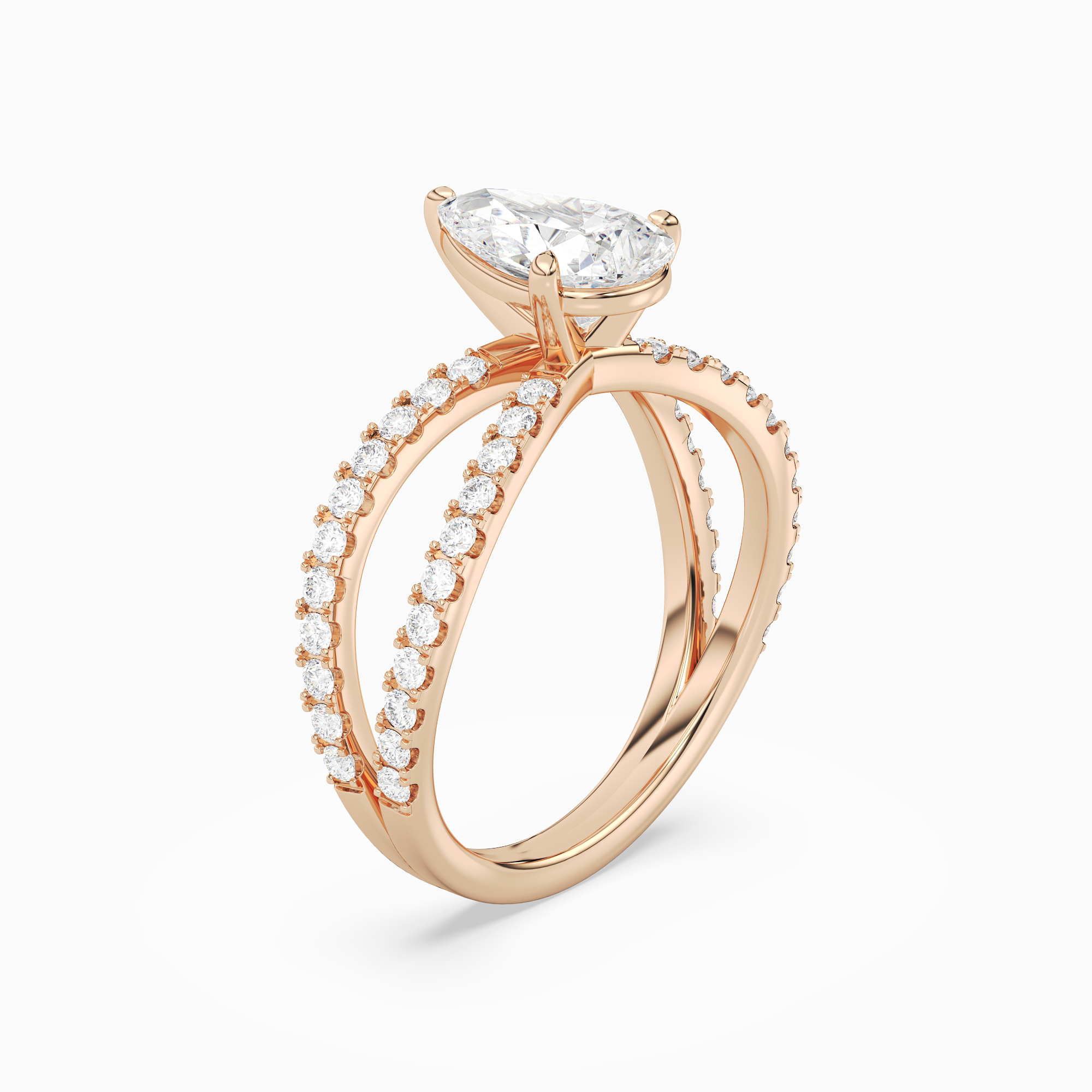 Pear Split Pavé Bypass Solitaire in 14K Rose Gold angled