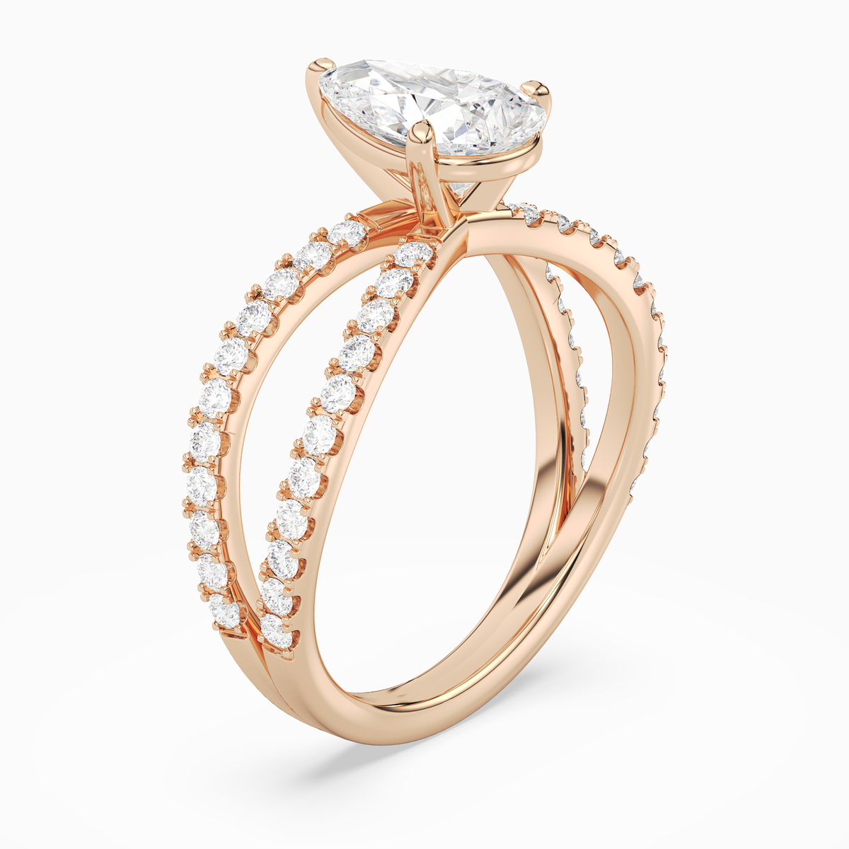Pear Split Pavé Bypass Solitaire in 14K Rose Gold angled