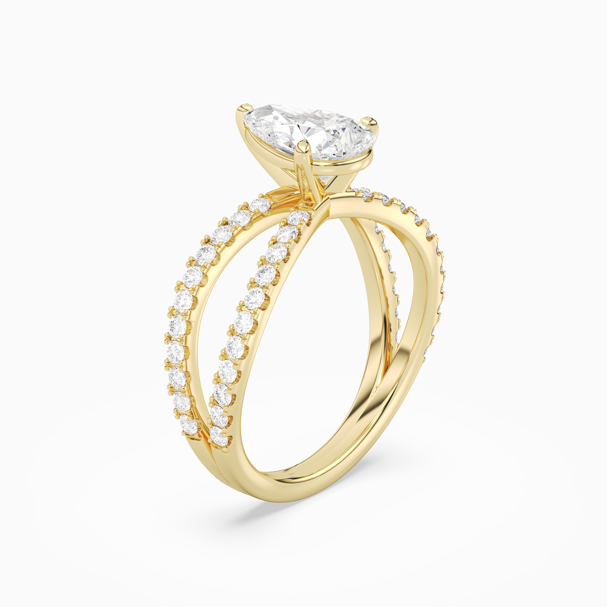 Pear Split Pavé Bypass Solitaire in 18K Yellow Gold angled