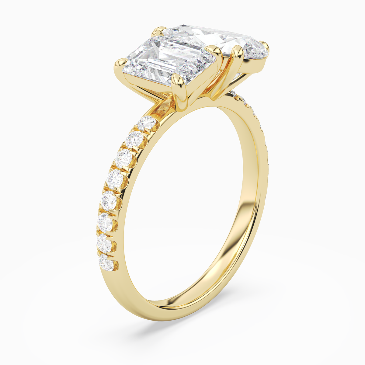 Emerald & Pear Accented Toi Et Moi in 14K Yellow Gold angled