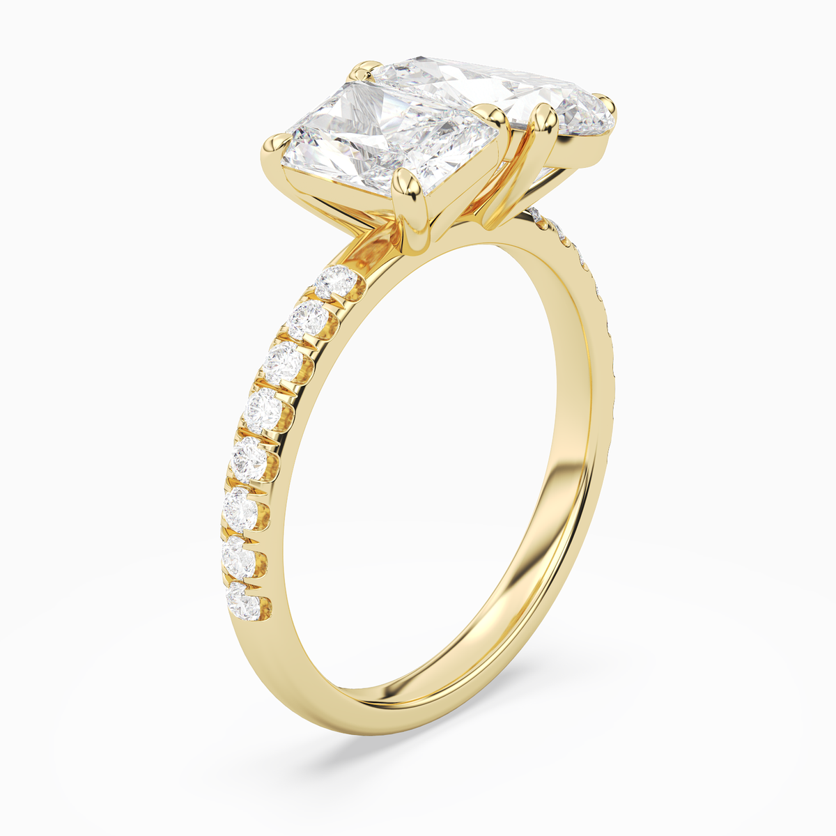 Radiant & Pear Accented Toi Et Moi in 18K Yellow Gold angled