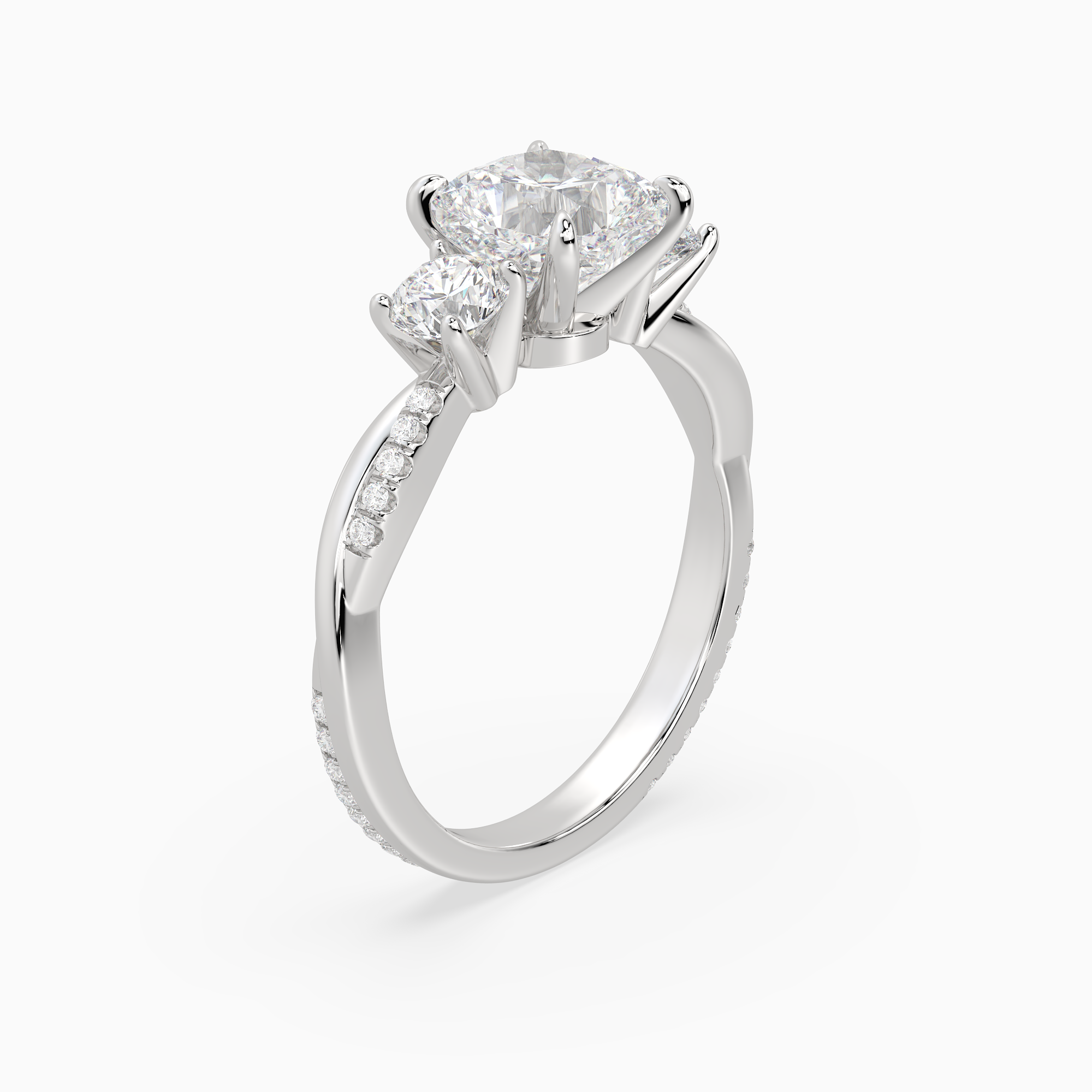 Cushion Twisted Vine Three Stone in 18K White Gold angled
