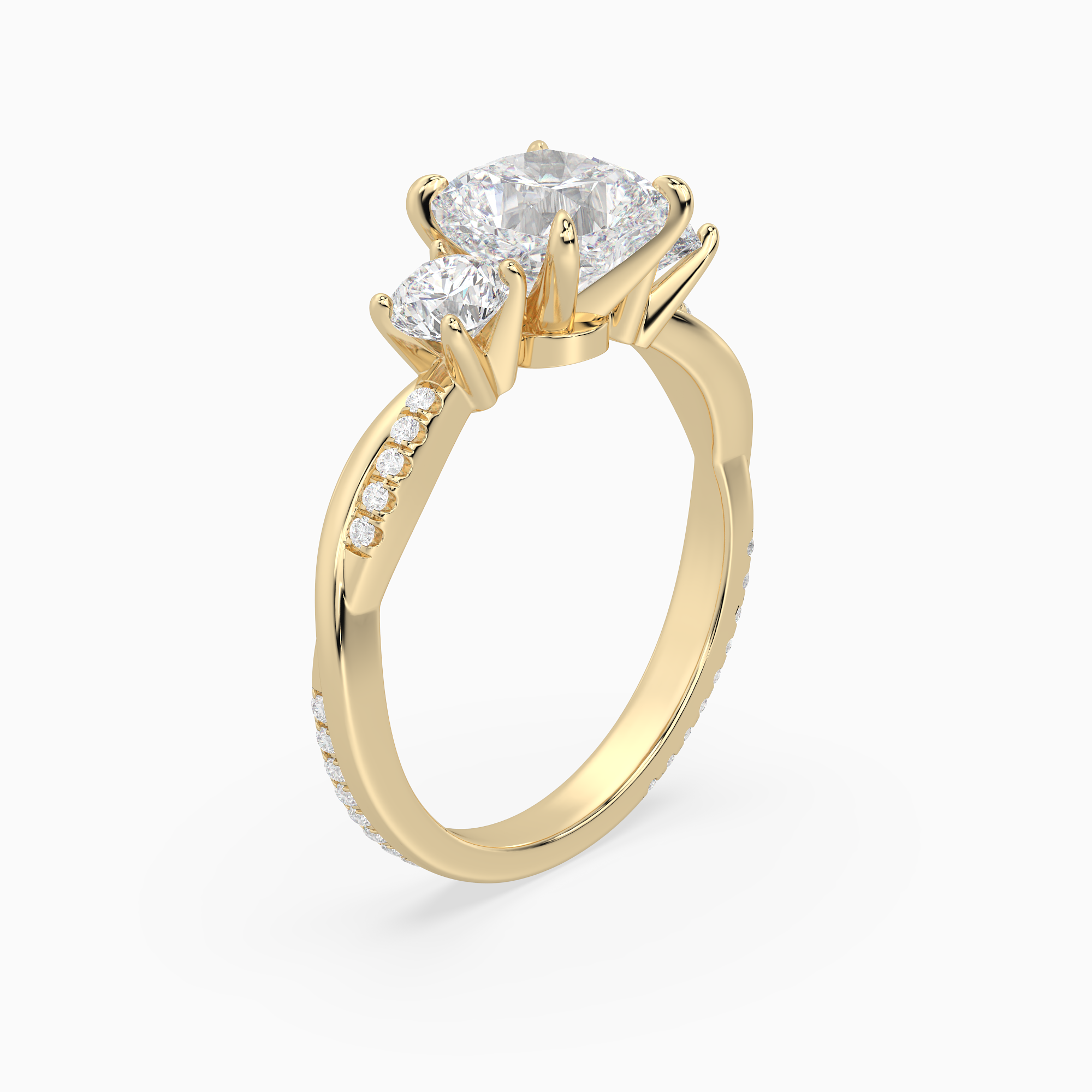 Cushion Twisted Vine Three Stone in 18K Yellow Gold angled