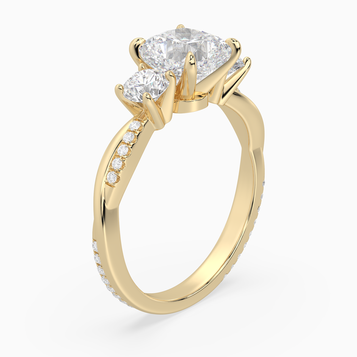 Cushion Twisted Vine Three Stone in 18K Yellow Gold angled