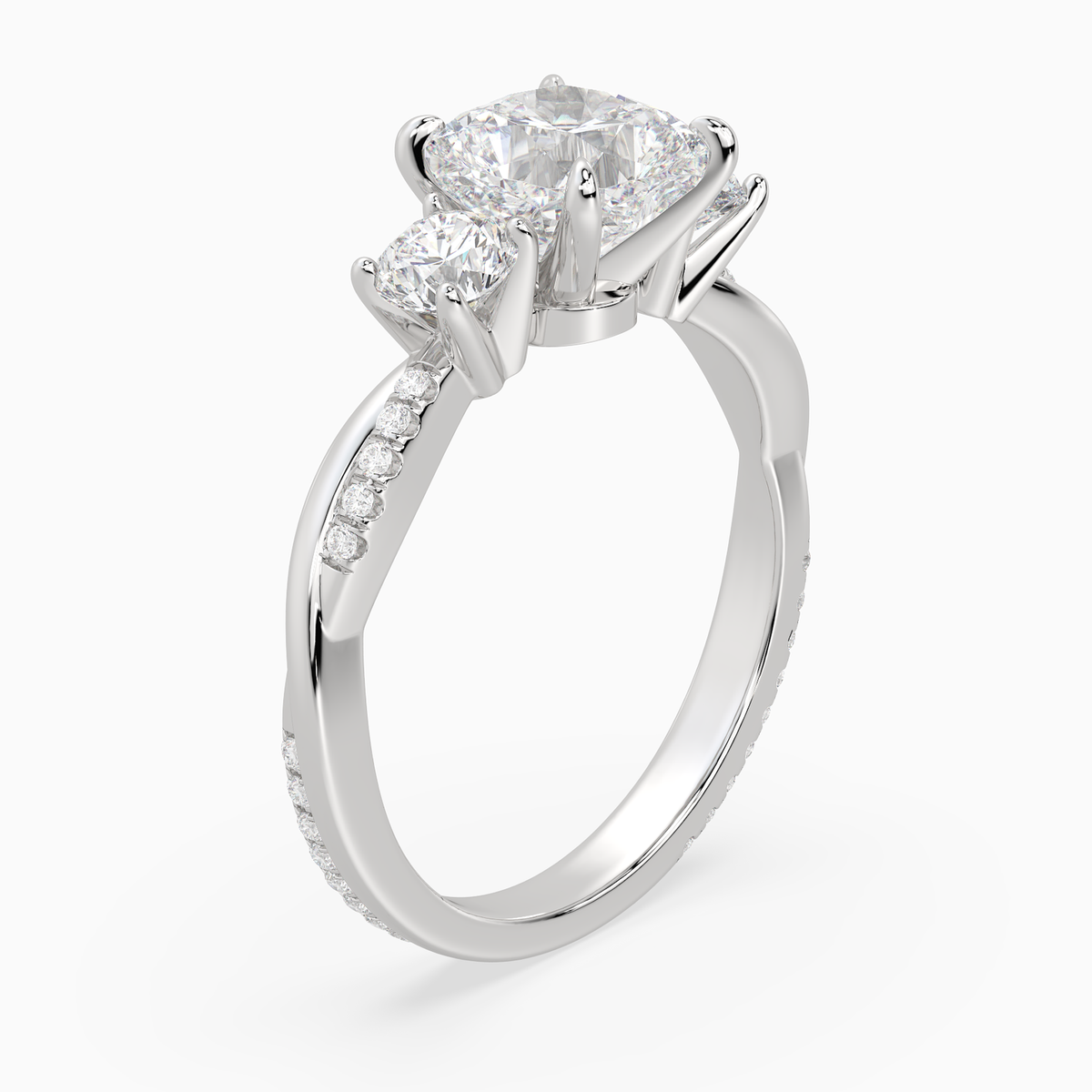 Cushion Twisted Vine Three Stone in Platinum angled