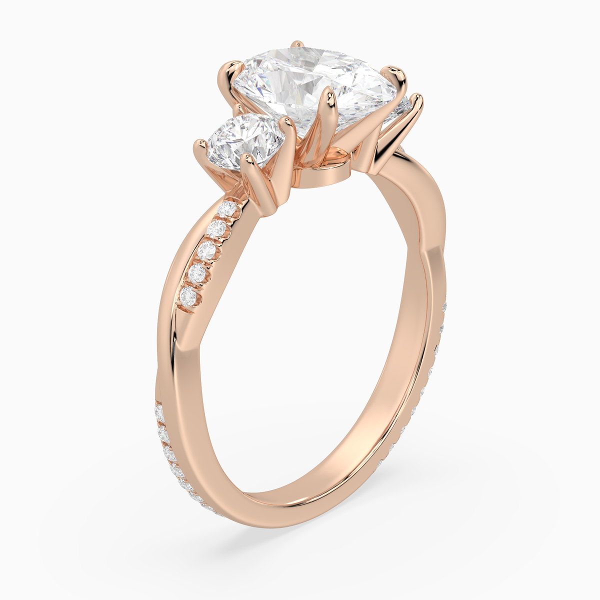 Oval Twisted Vine Three Stone in 14K Rose Gold angled
