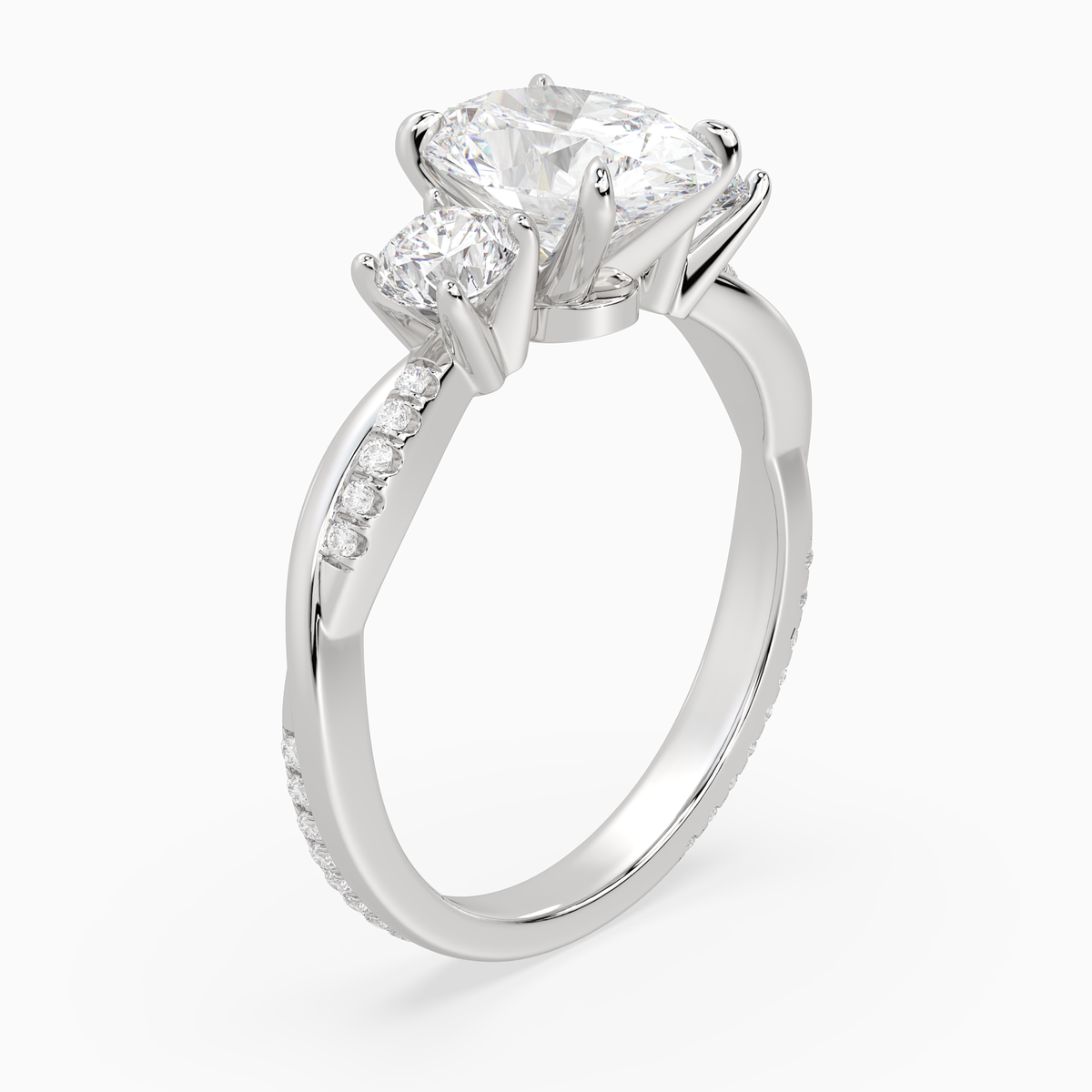 Oval Twisted Vine Three Stone in 14K White Gold angled