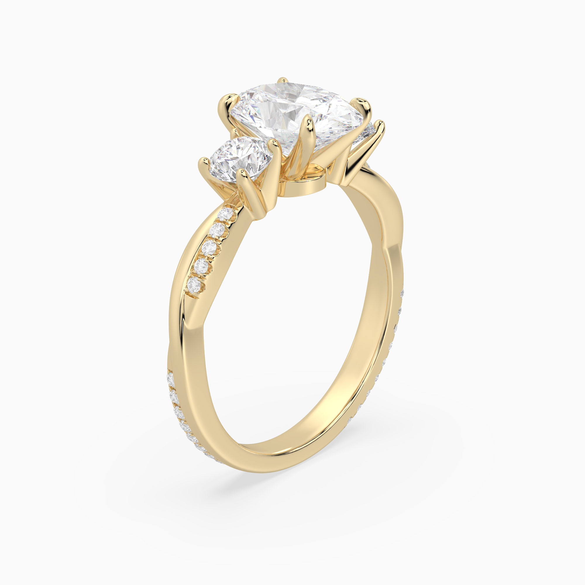 Oval Twisted Vine Three Stone in 18K Yellow Gold angled