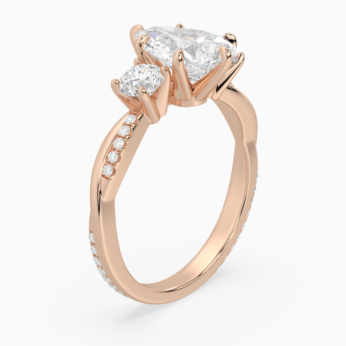 Pear Twisted Vine Three Stone in 14K Rose Gold angled