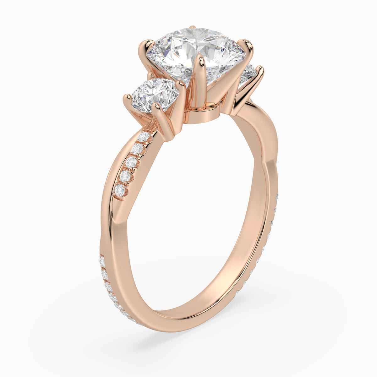 Round Twisted Vine Three Stone in 14K Rose Gold angled
