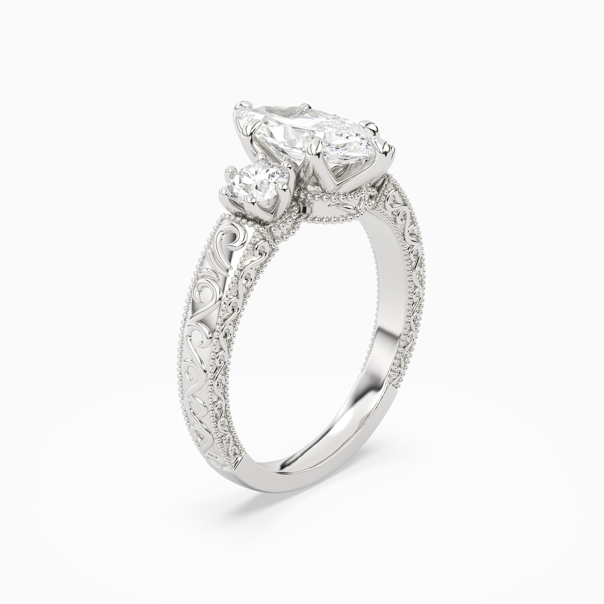 Marquise Engraved Vintage Three Stone in 14K White Gold angled