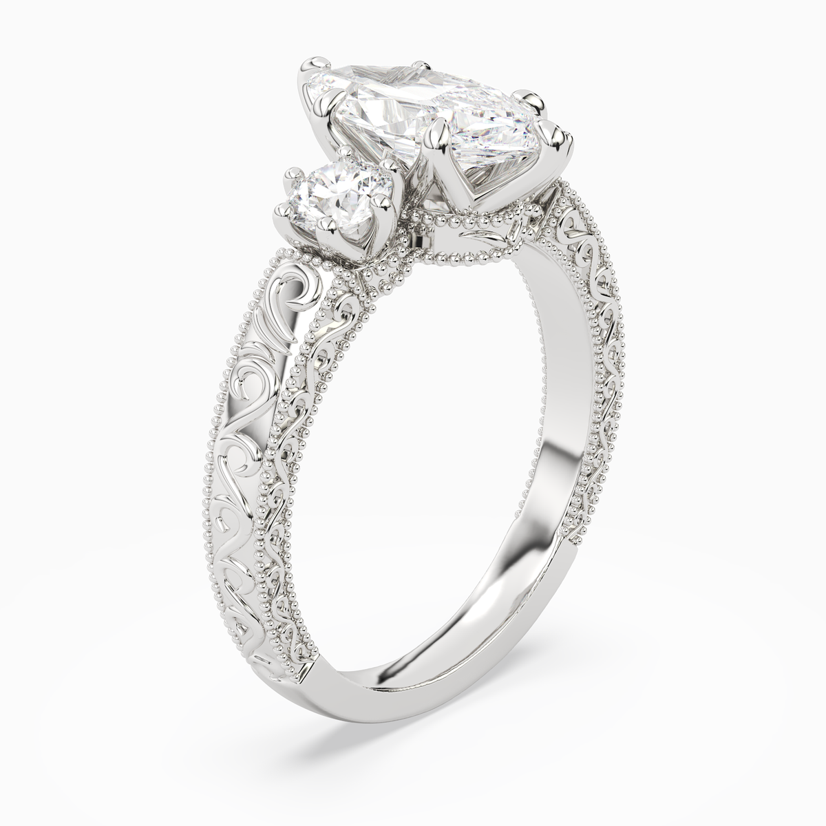 Marquise Engraved Vintage Three Stone in 14K White Gold angled