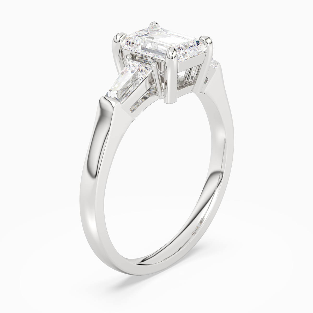 Emerald Baguette Three Stone Large Sides in 14K White Gold angled