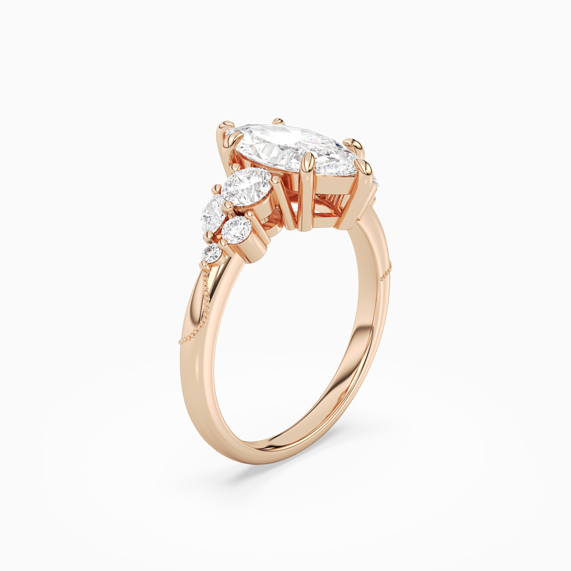 Marquise Composite Three Stone Ring in 14K Rose Gold angled