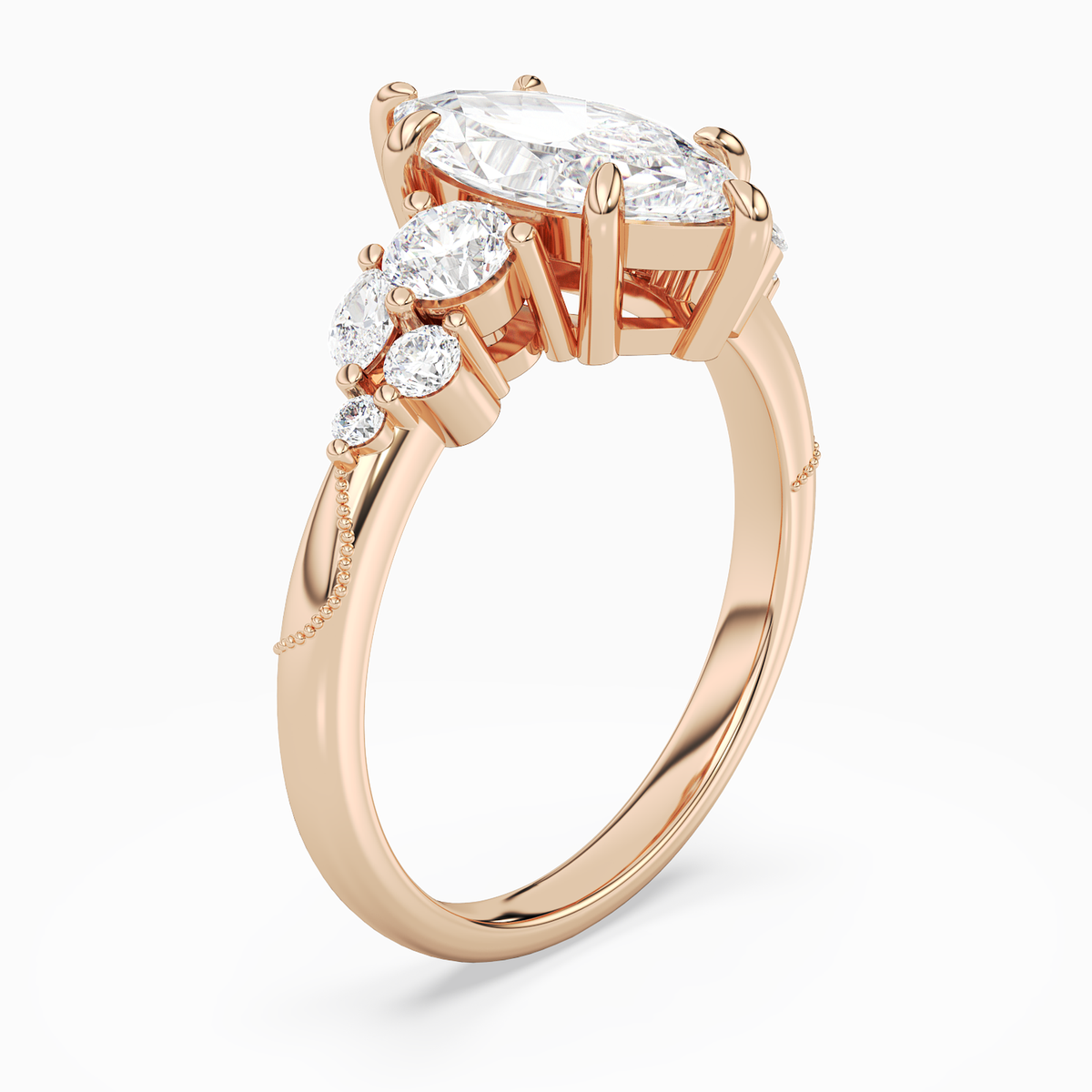 Marquise Composite Three Stone Ring in 14K Rose Gold angled