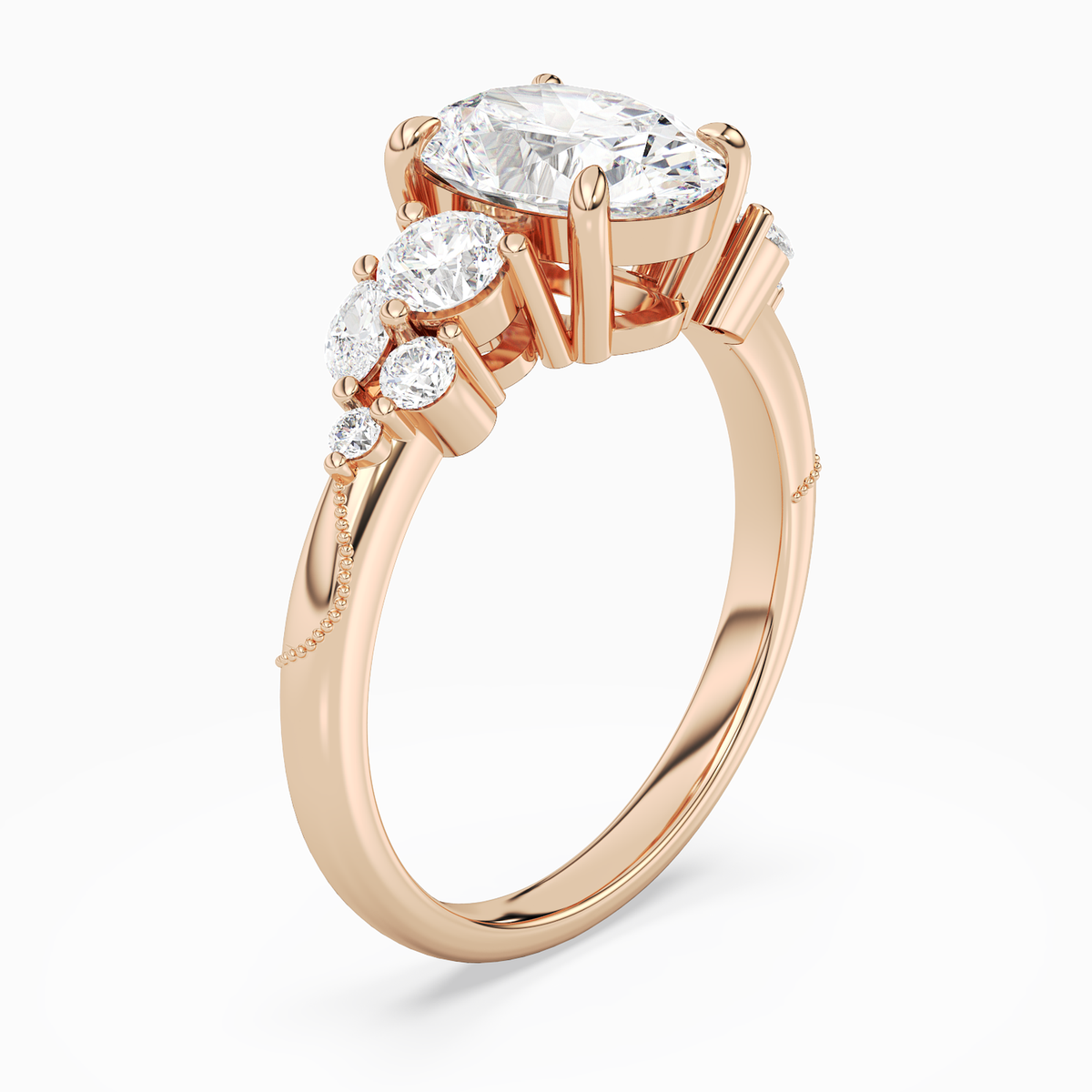 Oval Composite Three Stone Ring in 14K Rose Gold angled