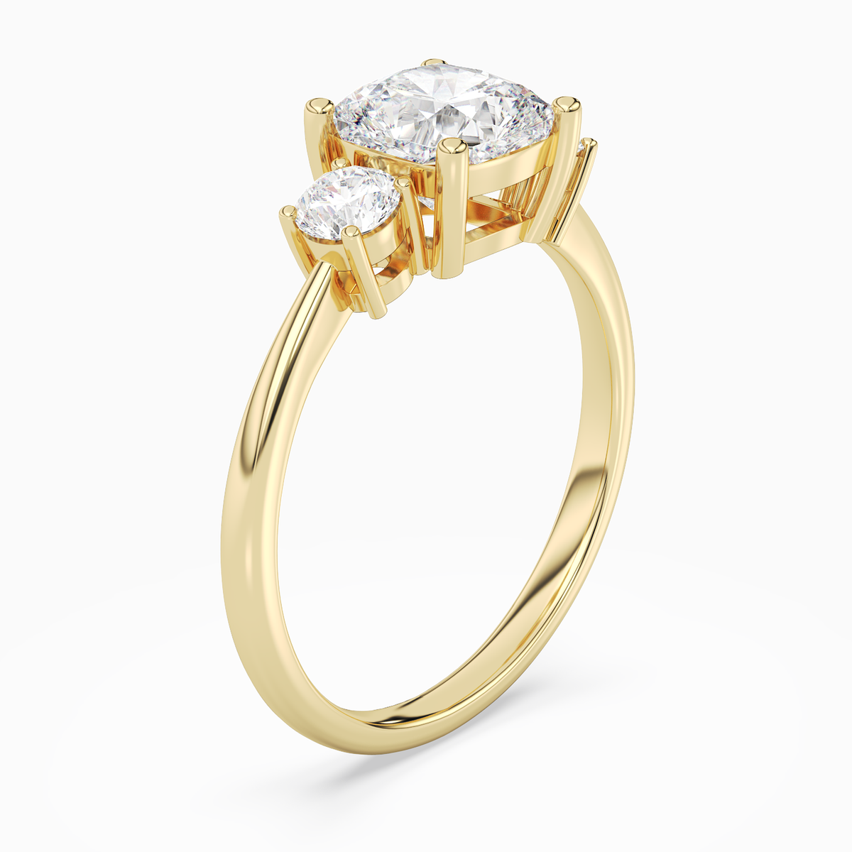 Cushion Classic Round Three Stone Large Sides in 14K Yellow Gold angled