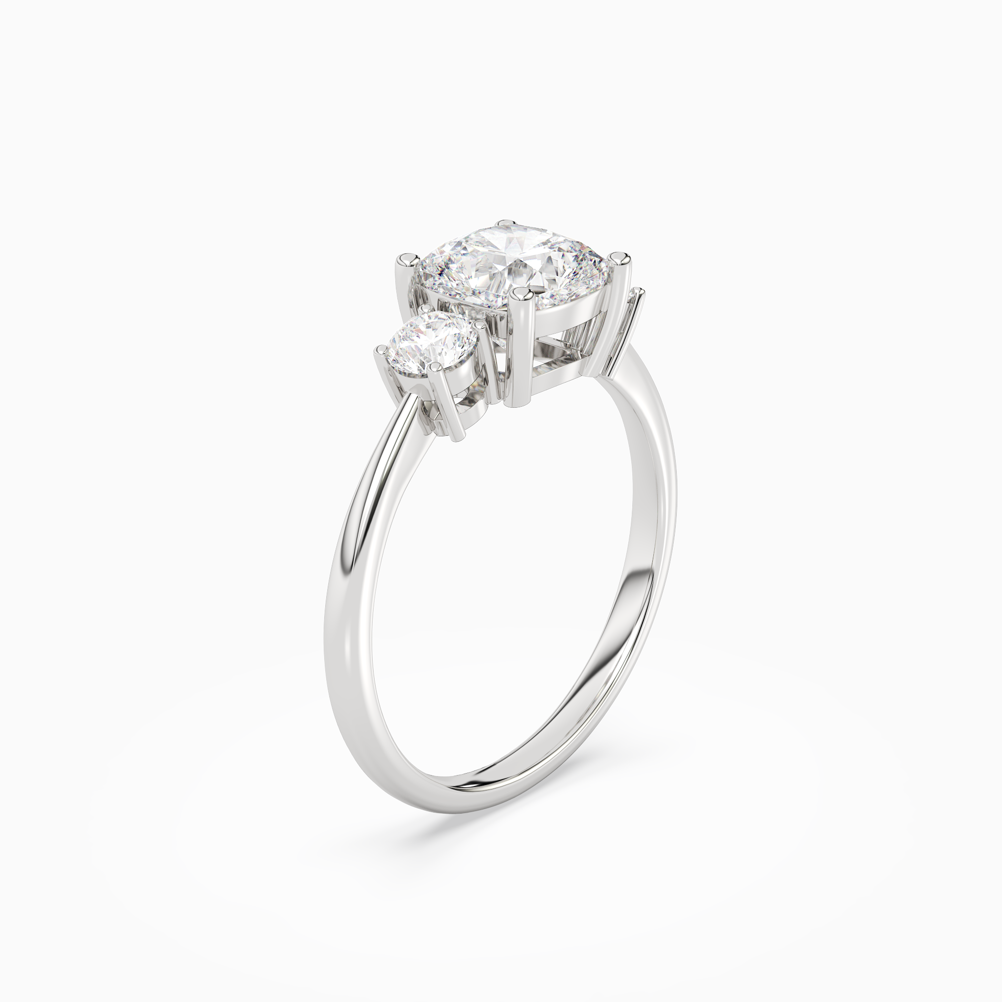 Cushion Classic Round Three Stone Large Sides in Platinum angled