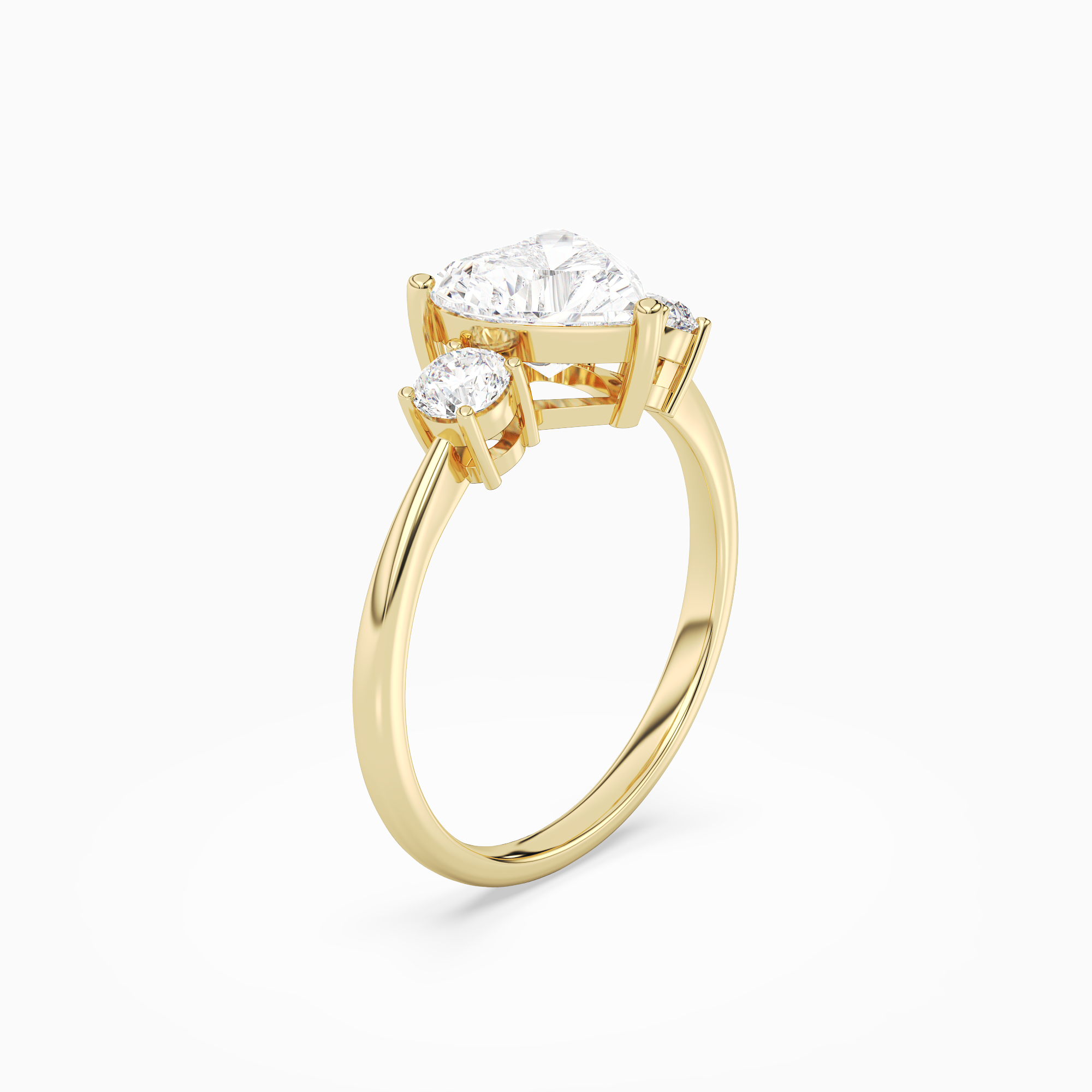 Heart Classic Round Three Stone Large Sides in 18K Yellow Gold angled