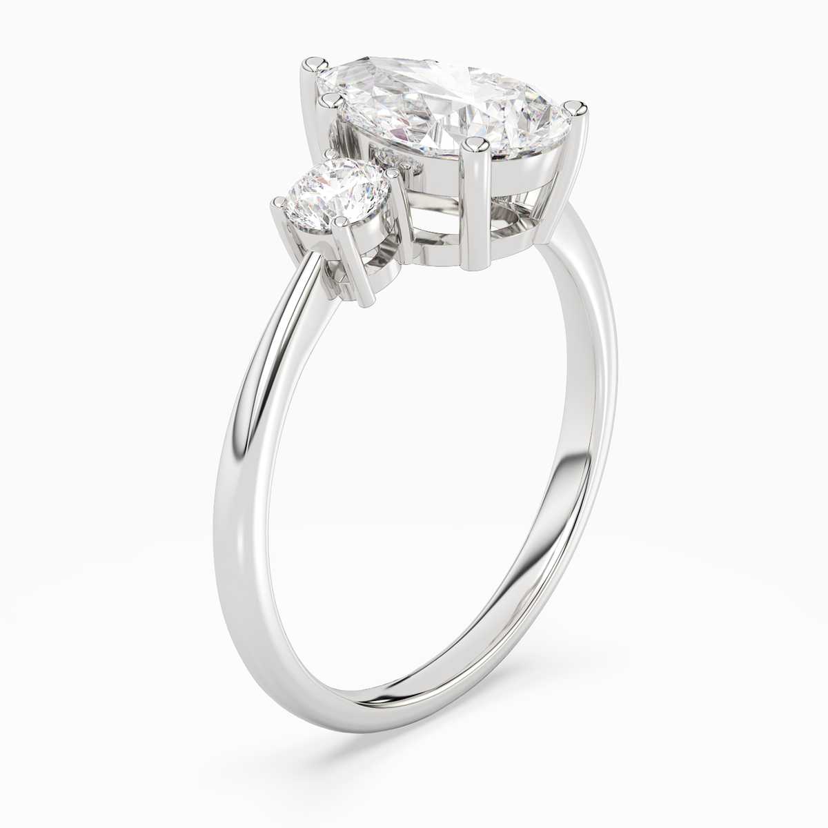 Pear Classic Round Three Stone Large Sides in 14K White Gold angled