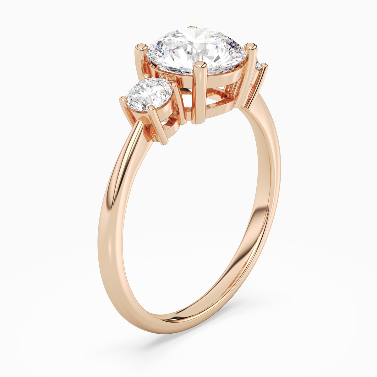 Round Classic Round Three Stone Large Sides in 14K Rose Gold angled