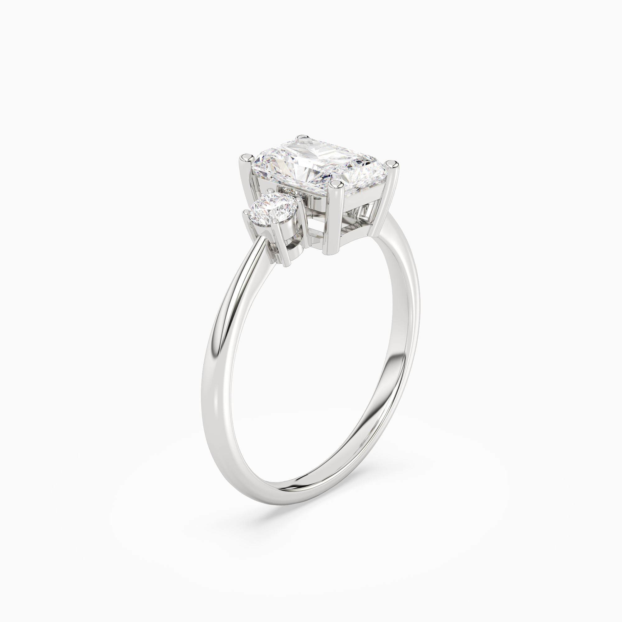 Radiant Classic Round Three Stone Small Sides in 14K White Gold angled