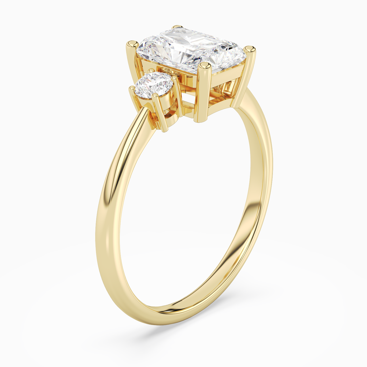 Radiant Classic Round Three Stone Small Sides in 14K Yellow Gold angled