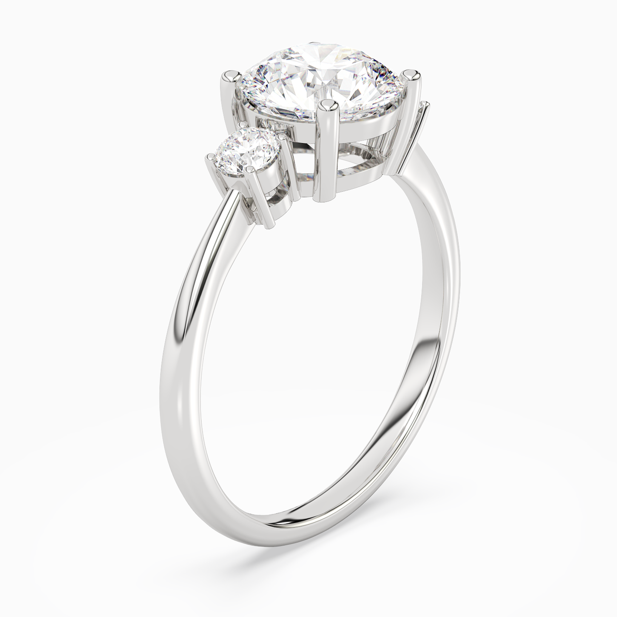 Round Classic Round Three Stone Small Sides in 14K White Gold angled