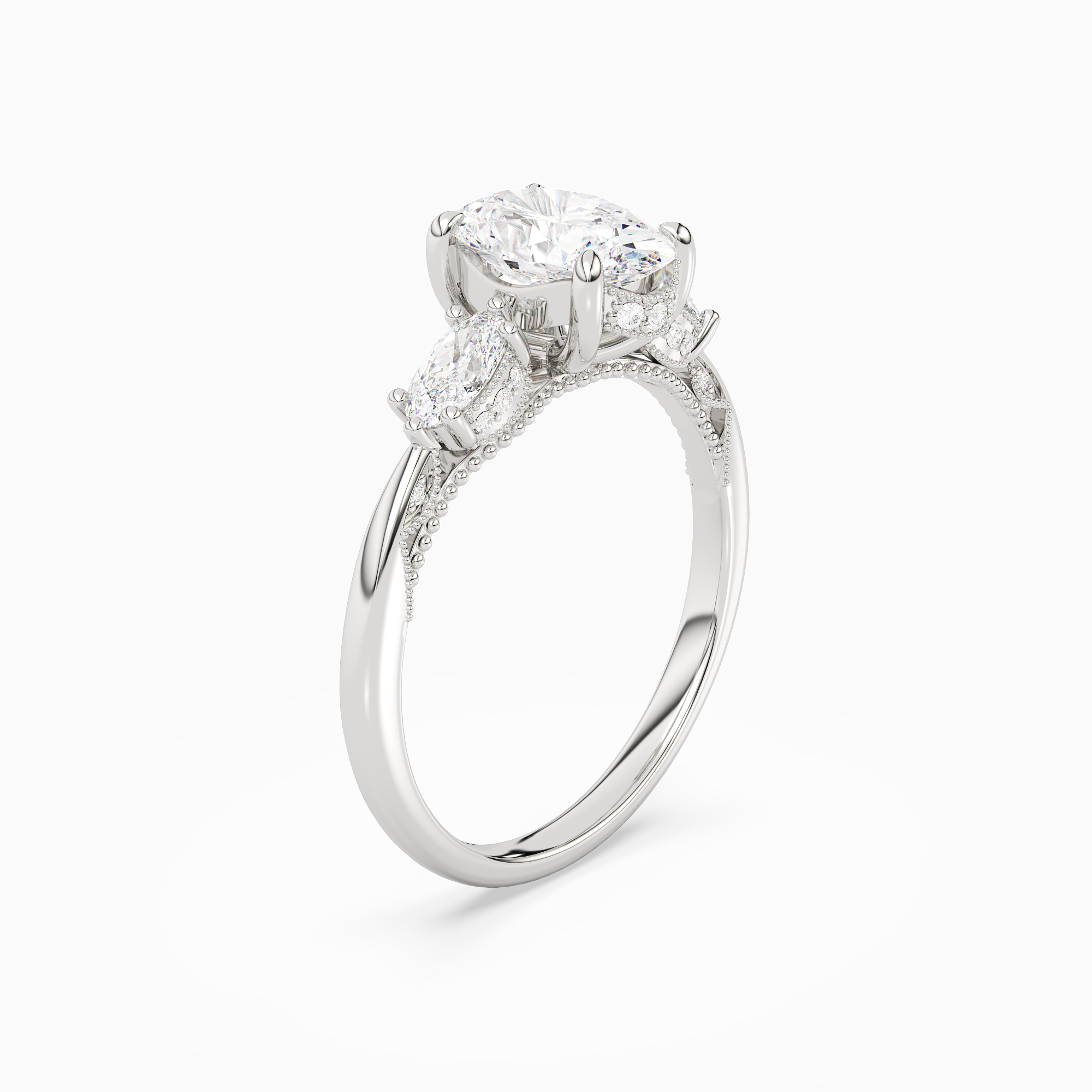 Oval Ornate Accented Three Stone in Platinum angled