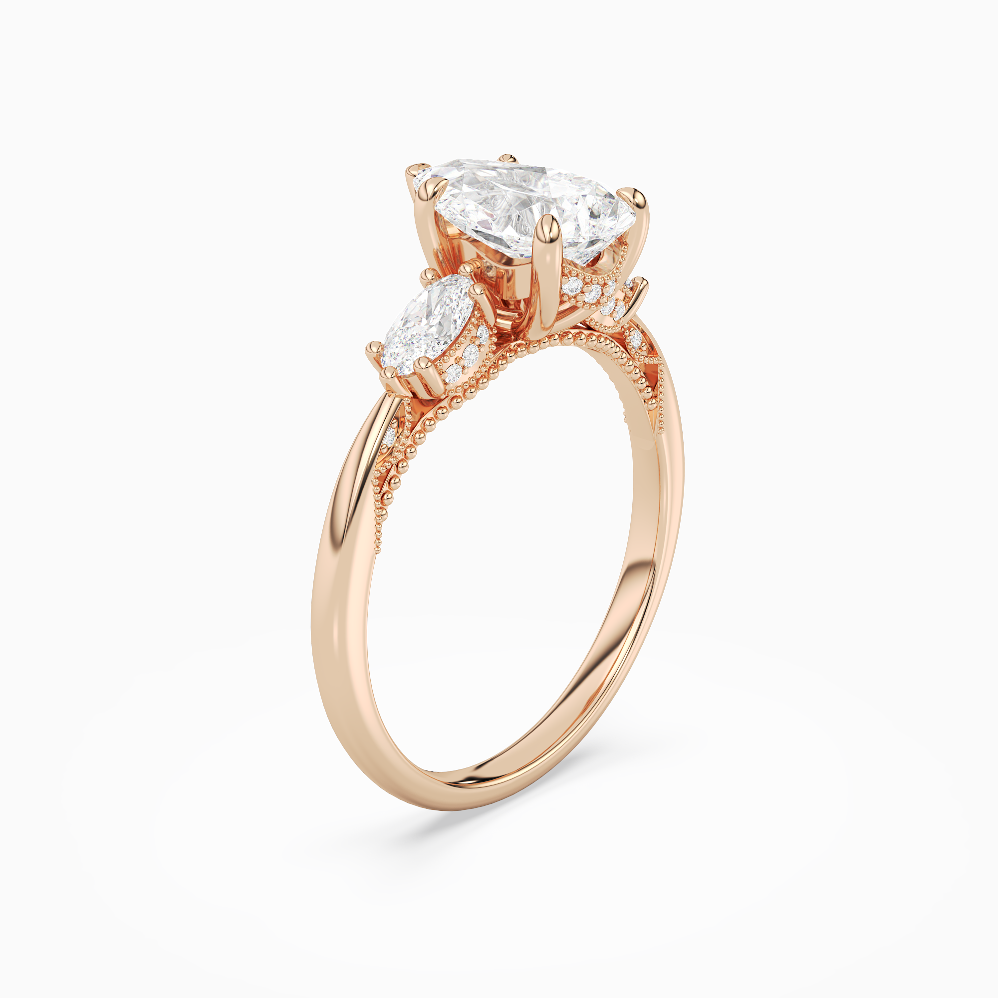 Pear Ornate Accented Three Stone in 14K Rose Gold angled