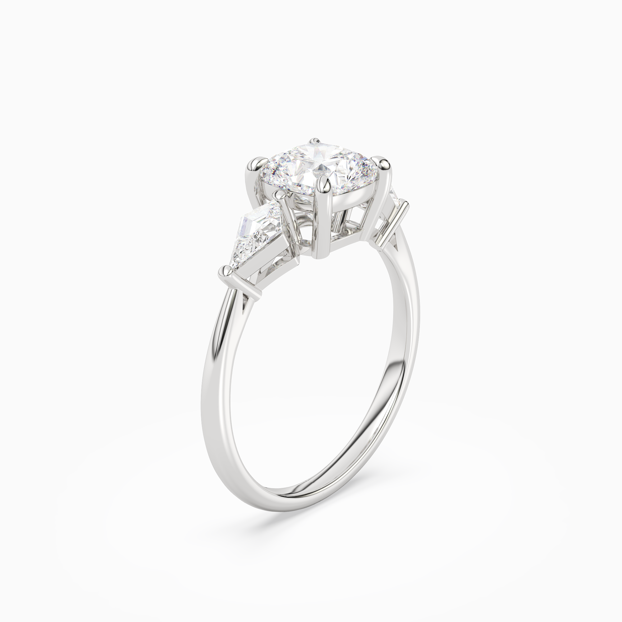 Cushion Kite Side Three Stone Large Sides in 14K White Gold angled