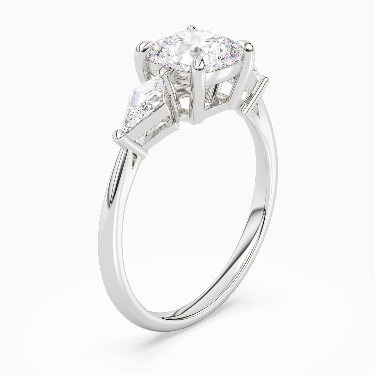 Cushion Kite Side Three Stone Large Sides in 14K White Gold angled