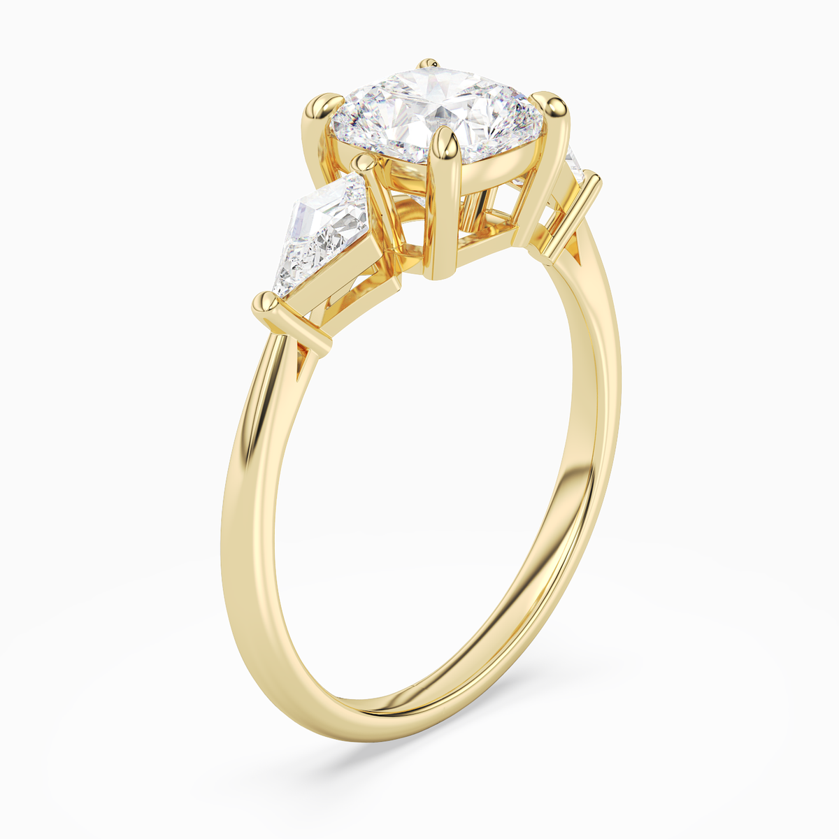 Cushion Kite Side Three Stone Large Sides in 14K Yellow Gold angled
