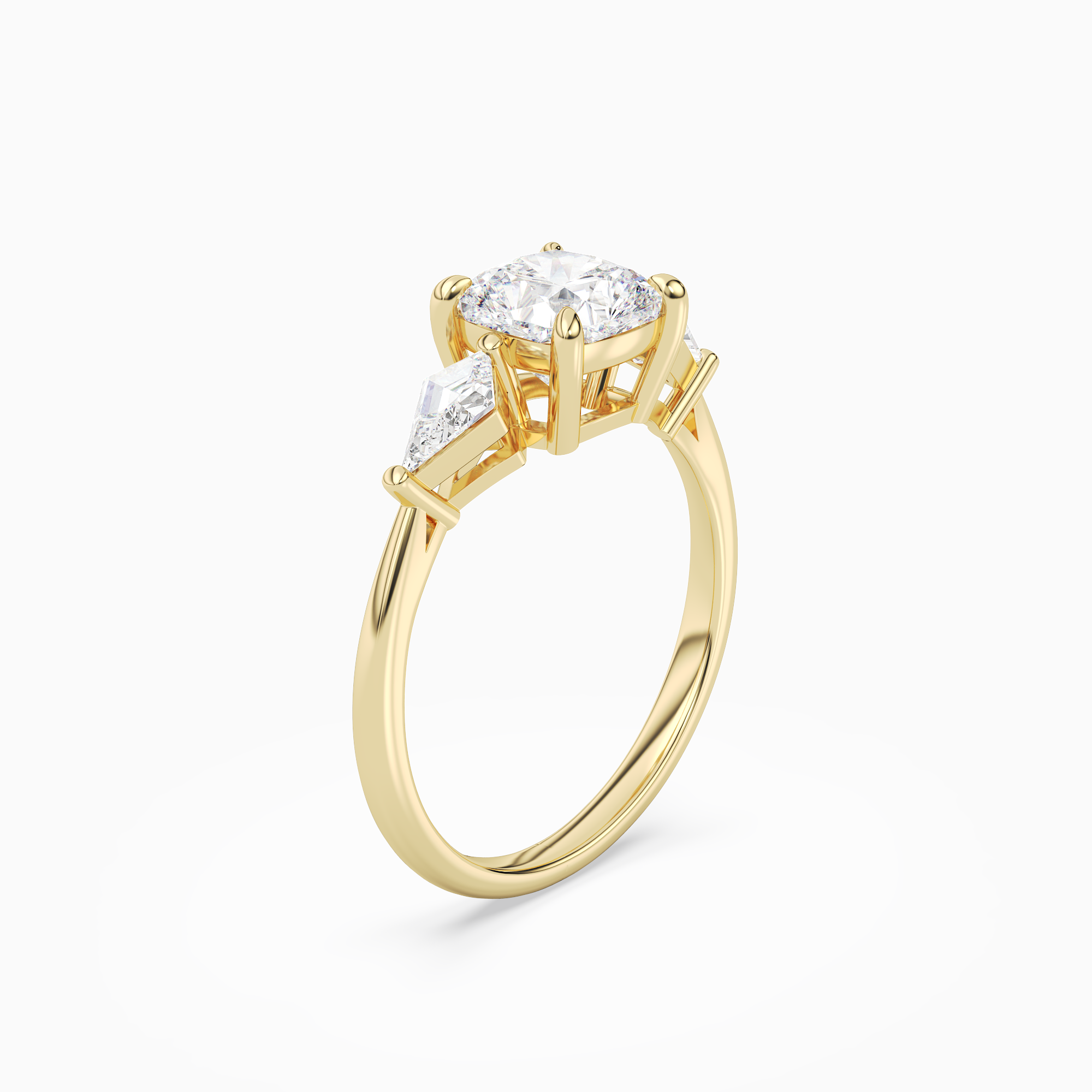 Cushion Kite Side Three Stone Large Sides in 18K Yellow Gold angled