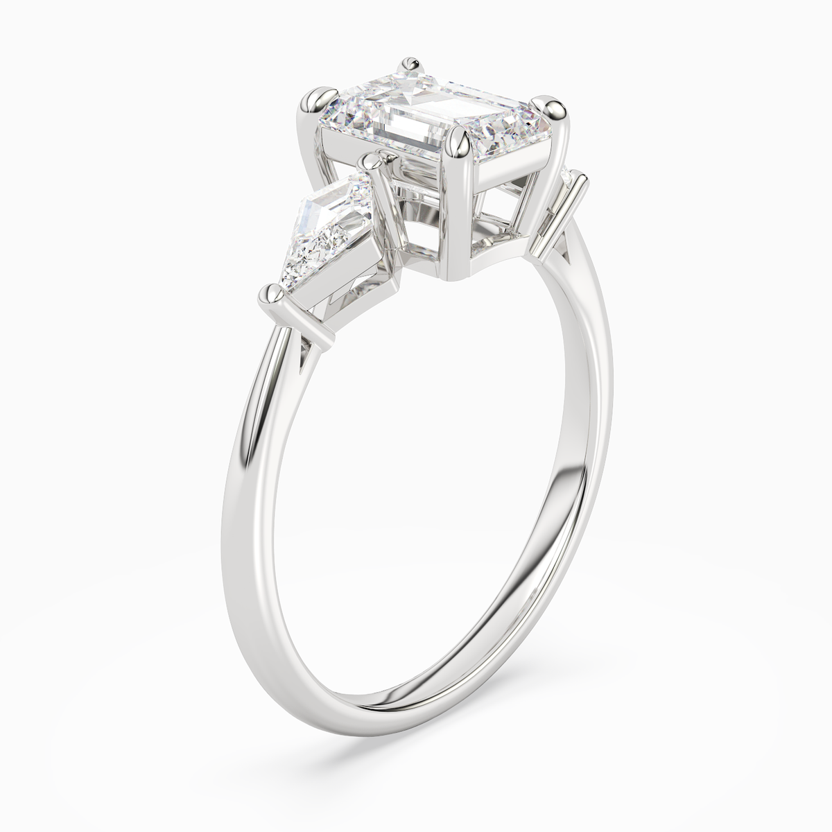 Emerald Kite Side Three Stone Large Sides in 18K White Gold angled