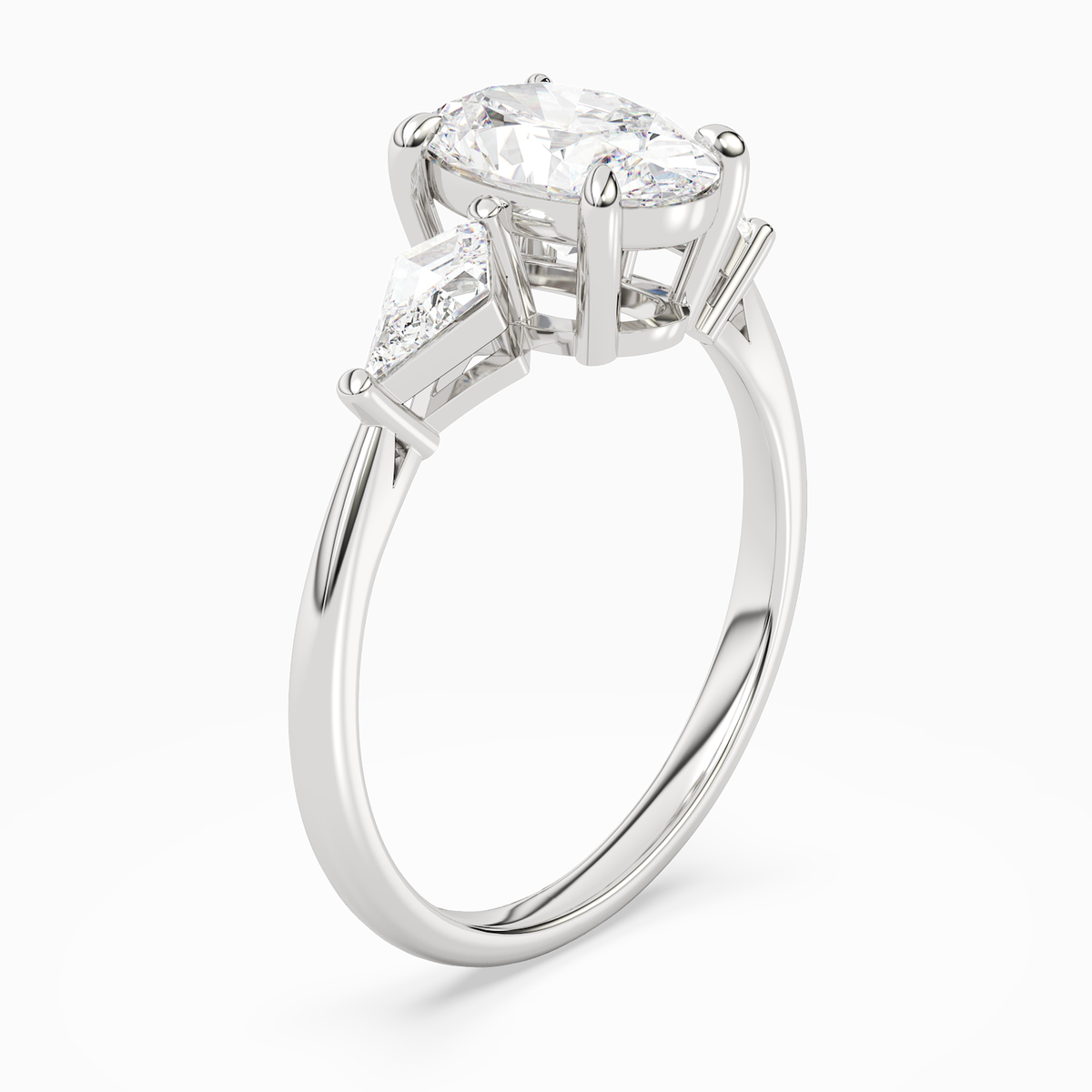 Oval Kite Side Three Stone Large Sides in 14K White Gold angled