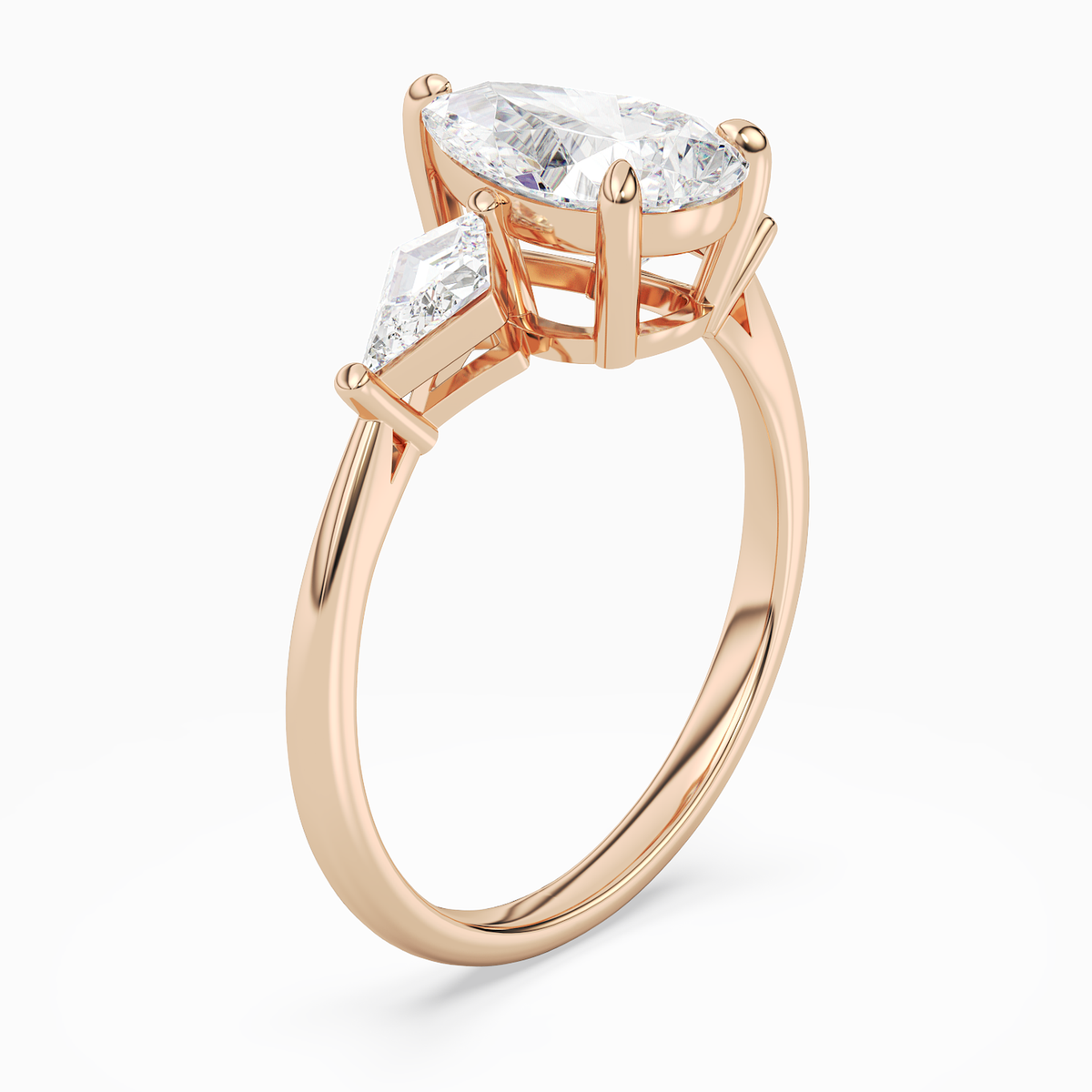 Pear Kite Side Three Stone Large Sides in 14K Rose Gold angled