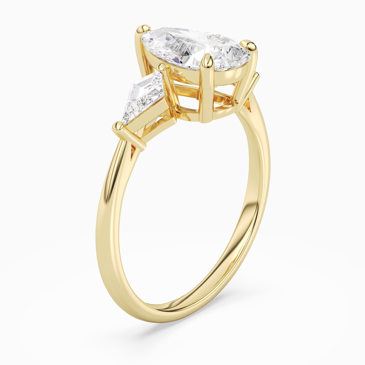 Pear Kite Side Three Stone Large Sides in 14K Yellow Gold angled
