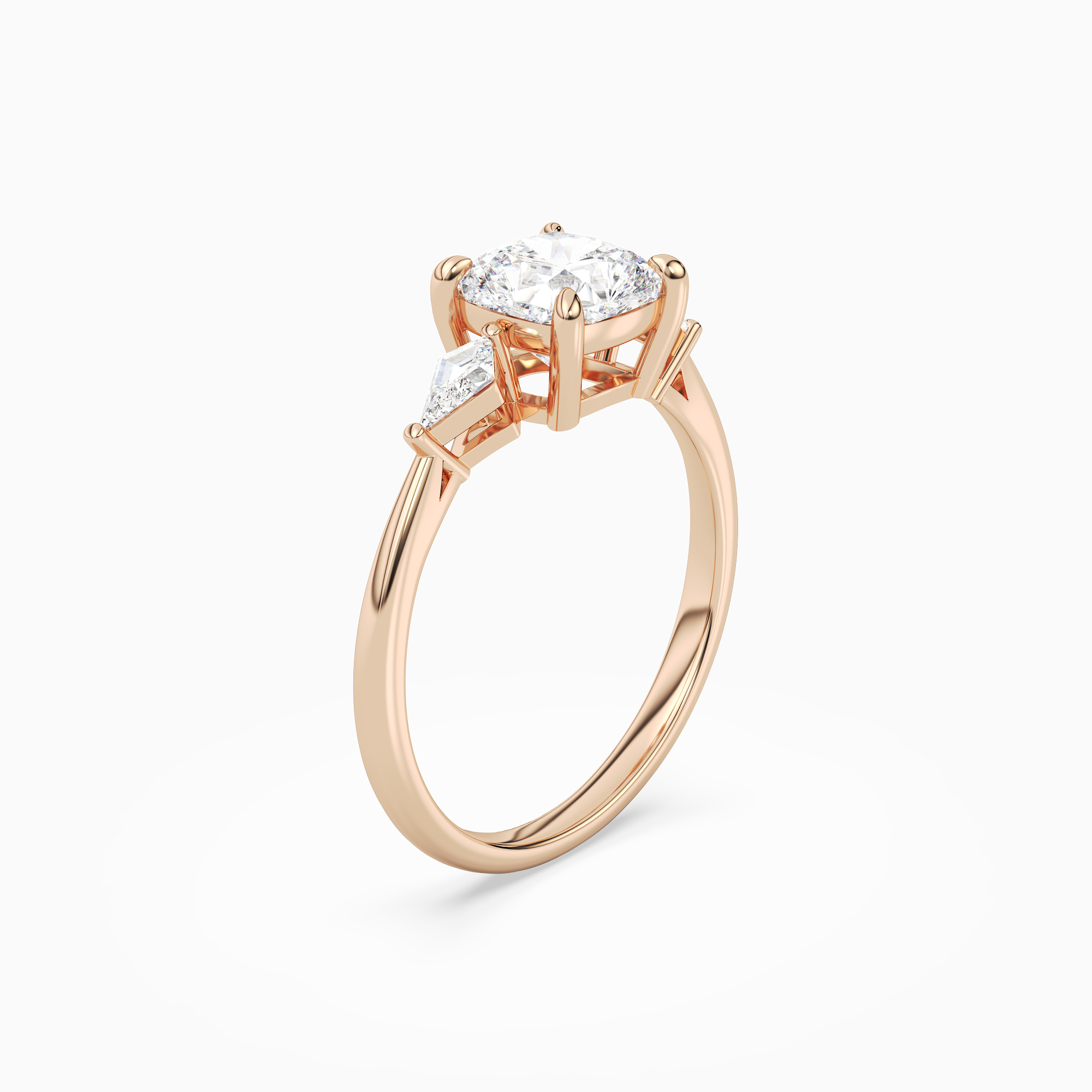 Cushion Kite Side Three Stone Small Sides in 14K Rose Gold angled
