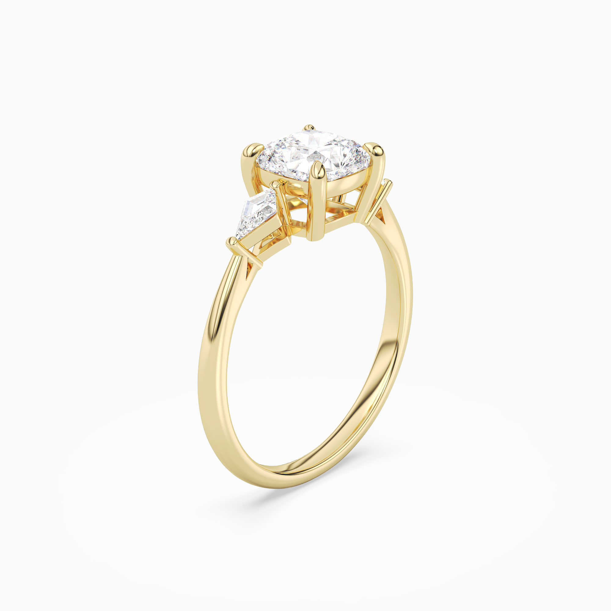 Cushion Kite Side Three Stone Small Sides in 18K Yellow Gold angled